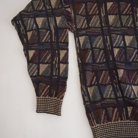 VTG TSR Textured Knit Sweater Brown Multi Retro Geometric Eclectic Grandpa XL - Picture 7 of 10